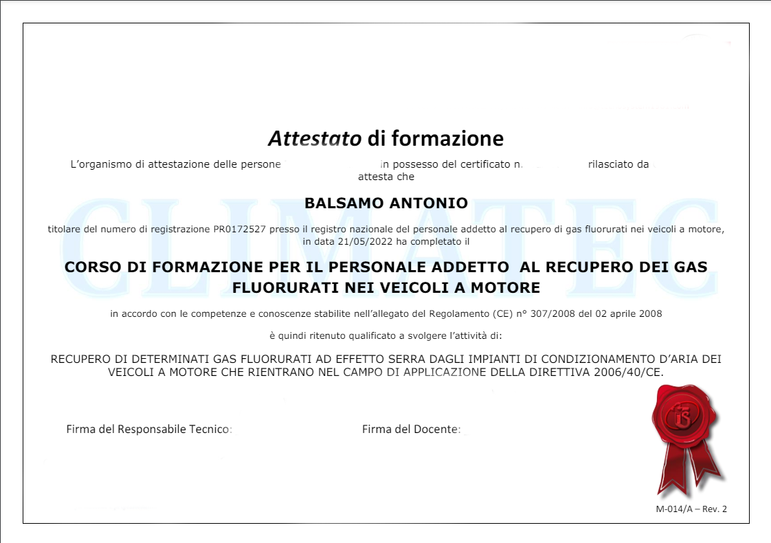 Attestato Ricarica Aria Condizionata Nuovaformazione